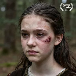 eighteen year old medieval girl, pretty but with a large ugly birthmark over left side of face, pale, unhappy expression, photography, award - winning, close up, shallow depth of field, highly detailed, dark hair, realistic, forest background
