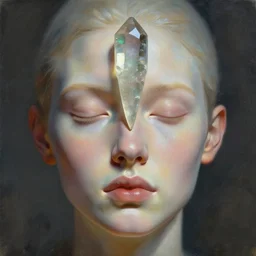 A beautiful conceptual art of a human face with a bird's beak protruding from the forehead. quartz by John Cassaday washed-out