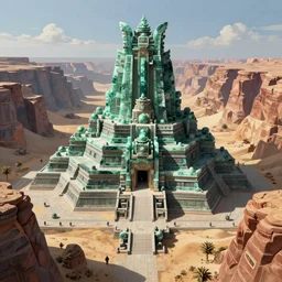 beautiful highly detailed matte painting of an intricate mayan futuristic brutalist jade teal ancient temple in a valley surrounded by canyons and a desert, by Craig Mullins and Denis Villeneuve, octane rendering, 8k