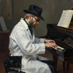 a plague doctor playing a concert piano, oil painting, epic