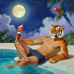 painting portrait of a ( ( ( una cerveza ) ) ), ( ( guapo joven cuban macho with a tiger head reclining poolside ) ), nubes y magia, la luna, parrot, concept character, by greg rutowski and tezuka and oi and mucha and bierstadt and remington, trending on artstation