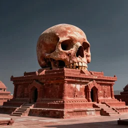 A shrine made of red sandstone with a massive skull on a large pedestal in the middle.