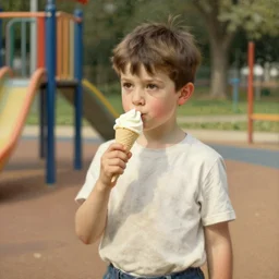boy with ice cream in playground, leyendecker style