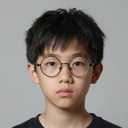portrait of a boy, black hair, chaotic hair, round glasses, detailed, hyperrealistic, realistic, symmetrical, by anato finnstark, by alena aenami, by john harris, by ross tran, by wlop, by andreas rocha, by artgerm