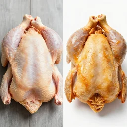 a side by side comparison of a raw chicken and a cooked chicken