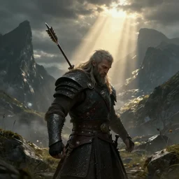 ork warrior struck by an arrow in the shoulder desolated mountains in the distance, god rays, tolkien world, hyper detailed, digital art, trending in artstation, cinematic lightning, by andrew baker