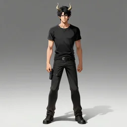 full body shoot of a half demon half human character by Tomohiro Shimoguchi,small two horns in the head,worn pants,T-shirt,highly detailed, trending on artstation,manga