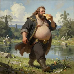 A beautiful oil painting of an overweight pastor walking by a pond, eating a sandwich by Boris Vallejo, epic fantasy character art, high fantasy, Exquisite detail, post-processing, low angle, masterpiece, cinematic