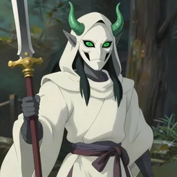 tiefling ; demon humanoid ; grey skin ; green horns ; green eyes ; white hood ; japanese half mouth mask ; male ; black hair ; white robes ; paladin ; glaive ; cinematic ; trending on artstation ; in the style of studio ghibli ; high detail ; digital art