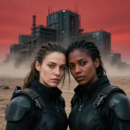 cinestill 5 0 d photographic portrait of two loving clones, women wearing rugged black techwear on a desolate plain with a red sky, closeup, diverse species, cyberpunk, in front of a brutalist dark metal facility, dust storm, 3 5 mm, 8 k, depth of field, high resolution, ultra realistic faces