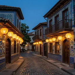 winding street at twilight in a very old city by Edmund Dulac and Nicholas Roerich and jean delville, glowing paper lanterns, strong dramatic cinematic lighting , ornate tiled architecture, lost civilizations, smooth, sharp focus, extremely detailed