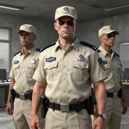 ( ( beige ) ) uniform and caps zombie security officers ( background brutalist gray concrete office ) trending on artstation high detail digital painting 4 k 8 k hd accurate