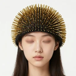 realistic photo of a a blurred face of a girl, dressed in a spiky hat made of a long brass needles, emitting aura 1 9 6 0, life magazine photo, natural colors, metropolitan museum, kodak, 8 k, very detailed, high resolution, product photo,