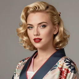 blonde pinup scarlett johansson in kimono, deep focus, fantasy, intricate, elegant, highly detailed, digital painting, artstation, concept art, matte, sharp focus, illustration, hearthstone, art by gil elvgren, hugh ward, art frahm, hubbard sundblom, alberto vargas, artgerm and greg rutkowski and alphonse mucha.