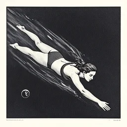 screen print, a young woman swimming in space, loish ( ( karolis strautniekas ) ). detailed, dynamic pose. halftone shaded, matte print, editorial illustration. centered perspective
