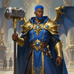 Picture of a male Cleric, black skin, blue short hair, short beard, dragon-inspired cloth robes, gold and blue, ornamental, hammer, wings, background depicting a temple, fantasy, dnd, d&d, sharp focus, smooth, illustration, digital painting, highly detailed, by akihiko yoshida, james jean andrei riabovitchev marc _ simonetti, yoshitaka amano, artstation, cgsociety