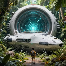 a curious explorer discovers a massive abandoned alien spaceship deep in the jungle. mysterious bioluminescent light is emitted from deep inside the ship. concept art by hayao miyazaki, neil blevins, greg rutkowski. trending on behance. matte painting, sharp focus, detailed, 4 k, behance contest winner