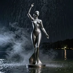 modern sculpture of a beautiful woman on the rain, on a lake, faith, full body, low angle, night, surrounded by smoke, shadows, award winning photography