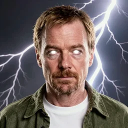 Jesse Pinkman from breaking bad with white eyes and lightning behind him