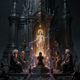 highly detailed surreal vfx eldritch avante garde portrait of a 3 d dark temple, magick communications, arcane ritual, script, entangled vibrating, electricity, ornate, hyperrealistic, octane render, chiaroscuro, inspired by james jean, android jones, william morris, denis villeneuve, johannen voss, alphonse mucha, frostbite 3 engine