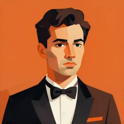 waiter, portrait. bauhaus, angular, geometric. orange color theme. flat, solid background. simple shapes. strong outline