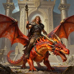 panoramic portrait painting of very handsome and savage barbarian riding a fire breathing red dragon, asymmetric, full body view and focus of high detailed photo realistic face, wearing ancient barbarian clothing in the style of conan, centered, rule of thirds photo, hyper realistic, runic temple in the background, sharp focus, intricate oil painting, concept art illustration masterpiece trending on artstation pixiv fanbox by w