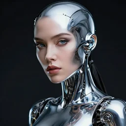 hyper realistic and detailed closeup photo of a chrome female android in blade runner by annie leibovitz