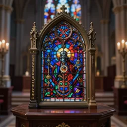 daemonic grimoire, [ grimoire made of church stained glass ], grimoire on podium with a chapel background, bokeh focus on grimoire, 4 k 8 k artstation trending realistic high quality detailed cinematic dramatic lighting scene lovecraftian horror colorful magic alchemy symbolic by h. p. lovecraft, noriyoshi ohrai