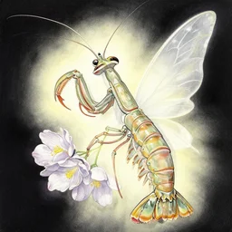 mantis shrimp themed fairy princess. gouache painting by award - winning mangaka, chiaroscuro, bloom, backlighting, intricate details