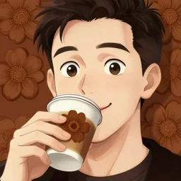 a white young man drinking from a coffee cup, which is a brown flower, big smile, prominent big eyes, wise forehead, big lips, round portruding chin, background full of brown flowers, standout colours, thin sharp lines, digital painting, artstation, matte, sharp focus, illustration, realistic anime artstyle