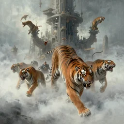 magitech singularity tiger megastruture out of the mist concept art by simon stalenhag, ilya repin, greg danton, brian sum, max bedulenko, eddie mendoza, igor krstic, james suret, pascal blanche