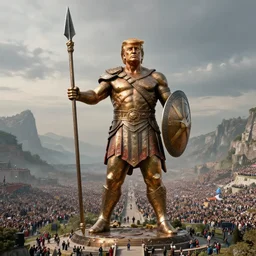 a gigantic 1 0 0 0 foot bronze statue of a president donald trump holding his spear and shield, god of war, fantasy landscape, thousands of tiny onlookers, photorealistic, atmospheric