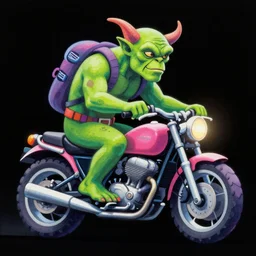 psychedelic airbrush art of an orc riding a motorcycle, black background, stylized, radical 90s, soft edges, smooth gradients, airbrushed, grainy