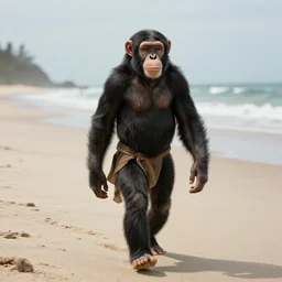 a beautiful Ape girl, with long hair and a chimpanzee face, walks a long a beach far in Earth’s future. Her body is covered in fur and she is wearing clothes.