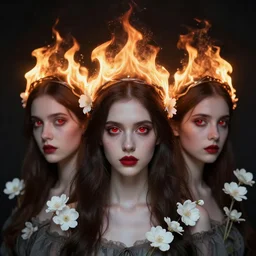 young women with crowns of fire on their heads. red irises. white flowers. glowing. folk horror. gothic. highly detailed