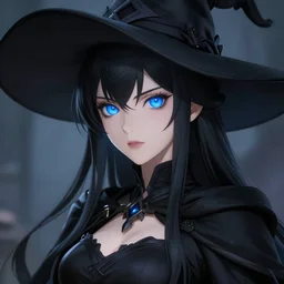 beautiful female wizard, detailed face, blue eyes, black clothing, daughter of death, featured on artstation, 8k highly detailed, anime style, concept art