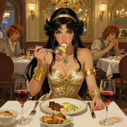 xena warrior princess eating at a restaurant art by artgerm and greg rutkowski and alphonse mucha - w 7 6 8