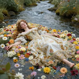baroque portrait of a icelandic princess of porceline skin lying down in a river made of thousand of flowers, cinematic lighting, photorealistic, octane render, 8 k, depth of field, art by artgerm and greg rutkowski and alphonse mucha and uang guangjian