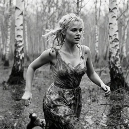 movie still close - up of a blonde woman in a dirty dress running in a swamp with birch forest, snow, cinestill 8 0 0 t 3 5 mm b & w, heavy grain, high quality, high detail, mud, fog, rain