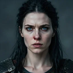 photorealistic portrait of female viking warrior with black hair and bloody nose, blue eyes, porcelain skin, shoulders, determined