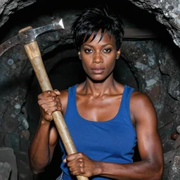 90's professional color photograph, A very muscular miner black woman in blue, short black hair, wielding a pickaxe in the mine. stunningly, beautiful, intricate, elegant, sharp focus, beautiful bone structure, symmetrical features