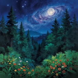 a wholesome animation key shot of a deep forest sky nigh sky with stars and galaxy and moon backlighting panorama, studio ghibli, pixar and disney animation, sharp, rendered in gouache painting, anime gouache key art by greg rutkowski, bloom, dramatic, dynamic lighting