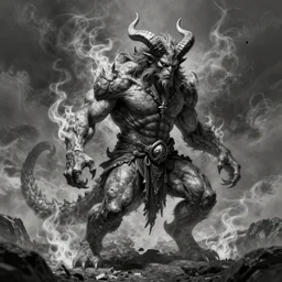 full body, grayscale, muscled humanoid balrog demon, horns, claws, large horned tail, heroic pose, swirling flames, Sorie Kim, Gustave Dore, Greg Rutkowski,