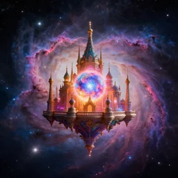 A tiny meteor with an ornate palace with a central magic orb and vibrant colors is floating through the nebula galaxy with cinematic lighting, stars and galaxies visible in the background, awe inspiring