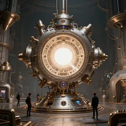 teleportation machine in a steampunk world, with people using it to travel the world, the machine is a large metal contraption with a bright light in the center by ed roth and kengo kuma, style of fendi