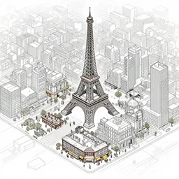 illustration of paris city with bars, restaurant, museum, terrace, offices in the style of pascal blanchet, isometric, intricate forty five degree isometric