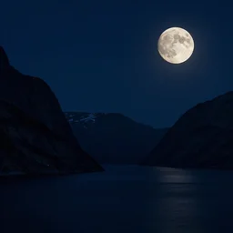 a night view of the full moon above fjords, dark, very dark, blue, almost black, dark, dark, dark, dark, moon on the right, moon on the right, moon located on the right, the moon is on the right side, matte painting, concept art, 4 k
