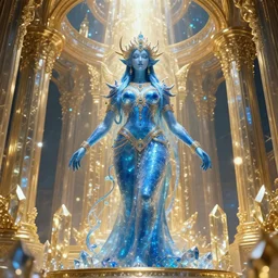 giant blue dmt entity goddess, golden hyperspace crystal palace,  Wadim Kashin, artgerm,  XF IQ4, f/1.4, ISO 200, 1/160s, 8K, RAW, featured in artstation, octane render, cinematic, elegant, intricate, 8k