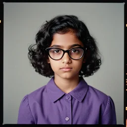 kodak portra 4 0 0, 8 k, highly detailed, britt marling style, color studio - portrait of a handsome cute 2 0 - year - old black - haired hyderabadi female with cat - eye glasses wearing purple, muted colors, up face with 1 9 2 0's hairstyle and cloth style, asymmetrical, hasselblad