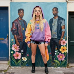 margot robbie in the style of martine johanna and! jenny saville!, wearing a hoodie, standing in a township street, street fashion outfit, haute couture fashion shoot, mascara, full figure painting by john berkey, david choe, ismail inceoglu, decorative flowers, 2 4 mm, die antwoord ( yolandi visser )
